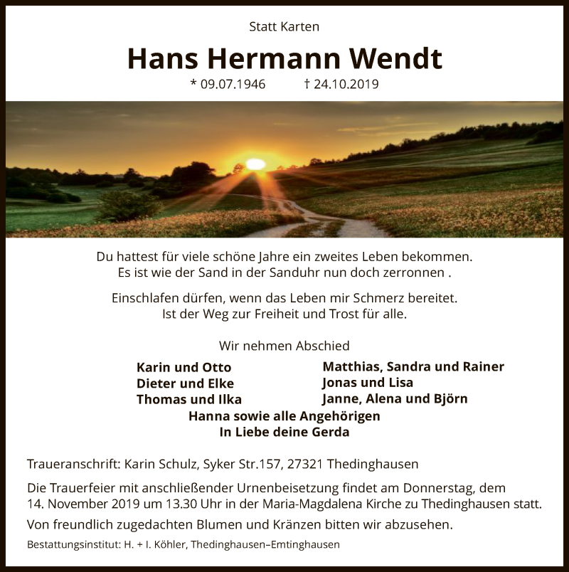  Traueranzeige für Hans Hermann Wendt vom 09.11.2019 aus SYK