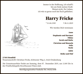 Traueranzeige von Harry Fricke von SYK