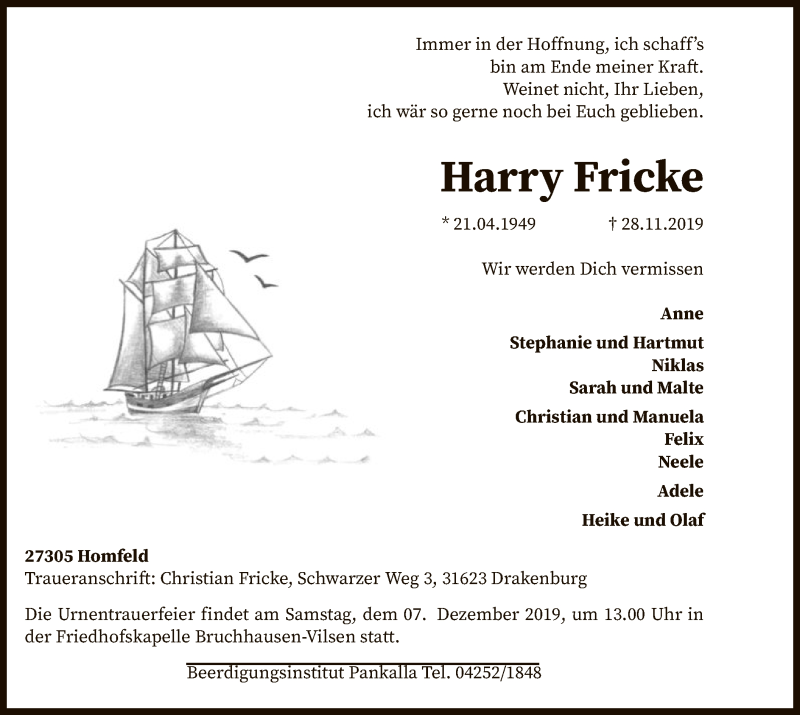  Traueranzeige für Harry Fricke vom 30.11.2019 aus SYK