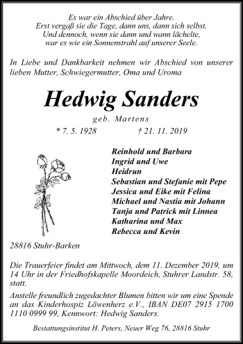 Traueranzeige von Hedwig Sanders von SYK