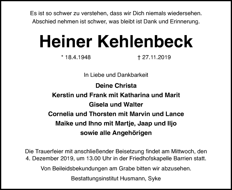  Traueranzeige für Heiner Kehlenbeck vom 30.11.2019 aus SYK