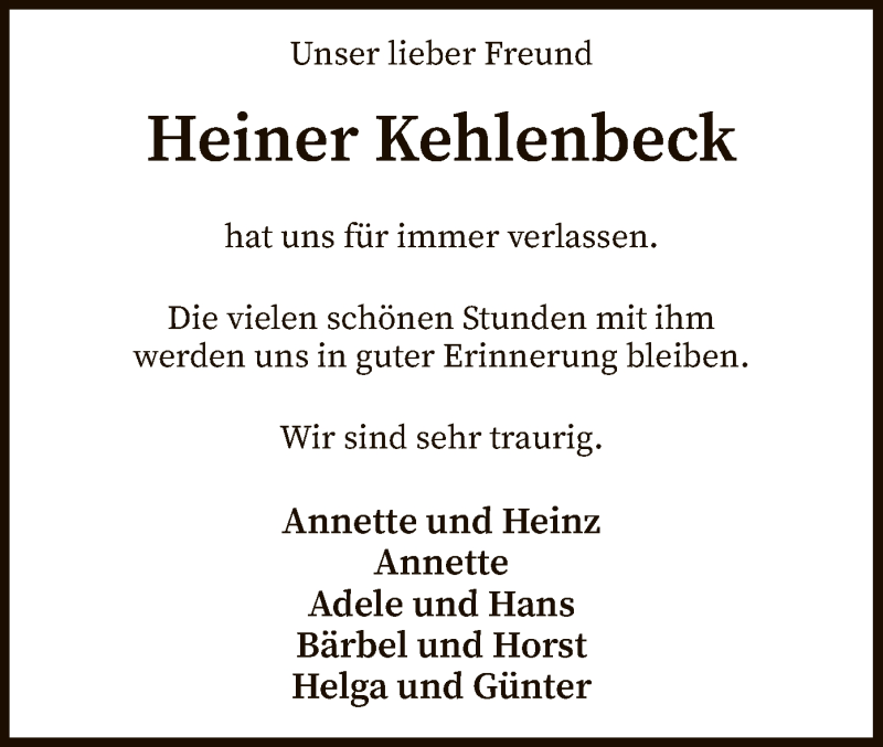  Traueranzeige für Heiner Kehlenbeck vom 30.11.2019 aus SYK