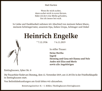 Traueranzeige von Heinrich Engelke von SYK