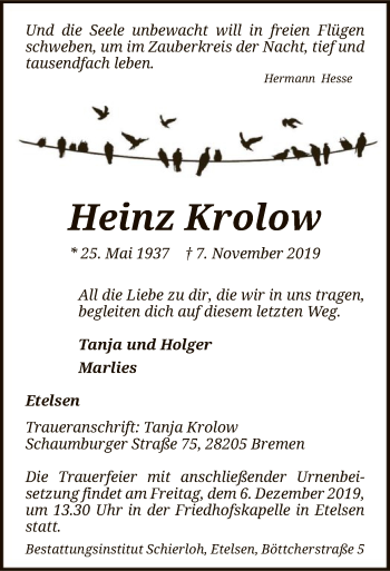 Traueranzeige von Heinz Krolow von SYK