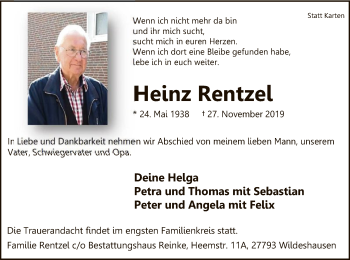 Traueranzeige von Heinz Rentzel von SYK