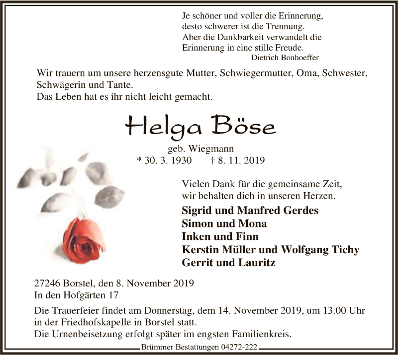  Traueranzeige für Helga Böse vom 12.11.2019 aus SYK