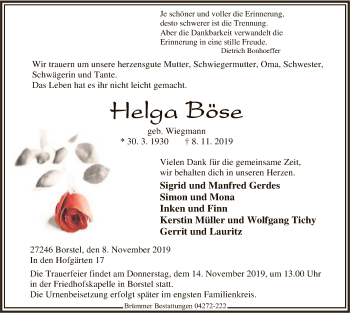 Traueranzeige von Helga Böse von SYK