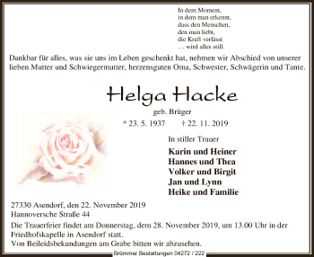 Traueranzeige von Helga Hacke von SYK