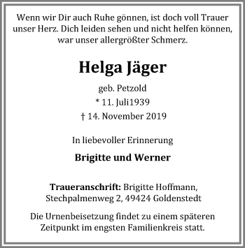 Traueranzeige von Helga Jäger von SYK