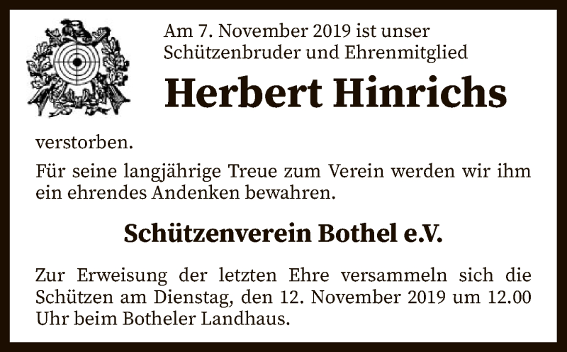  Traueranzeige für Herbert Hinrichs vom 09.11.2019 aus SYK