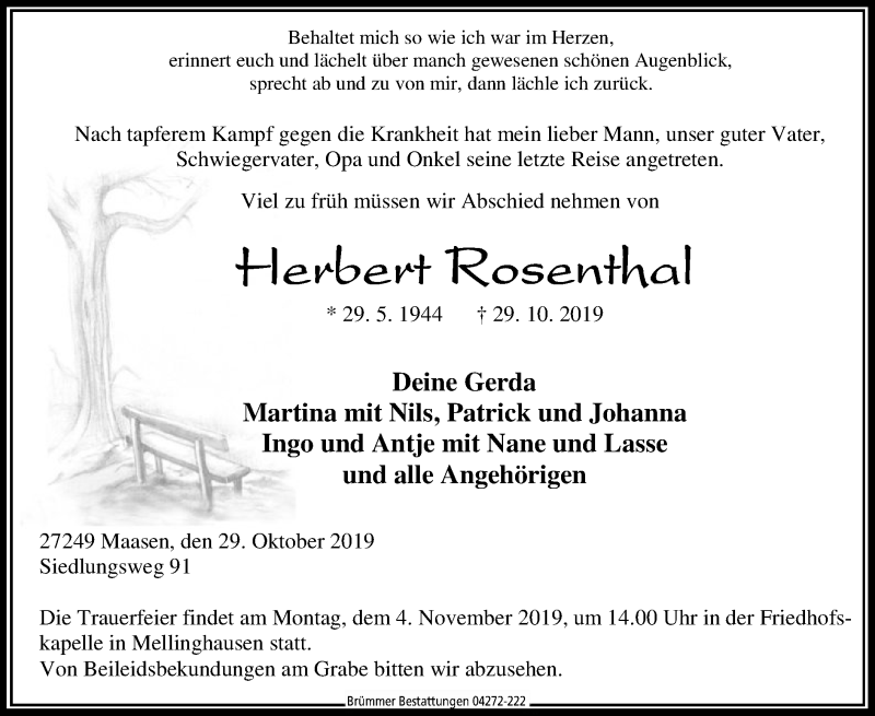  Traueranzeige für Herbert Rosenthal vom 01.11.2019 aus SYK