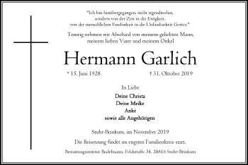 Traueranzeige von Hermann Garlich von SYK