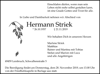 Traueranzeige von Hermann Striek von SYK