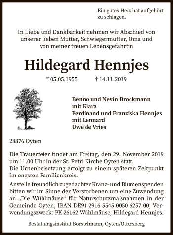 Traueranzeige von Hildegard Hennjes von SYK