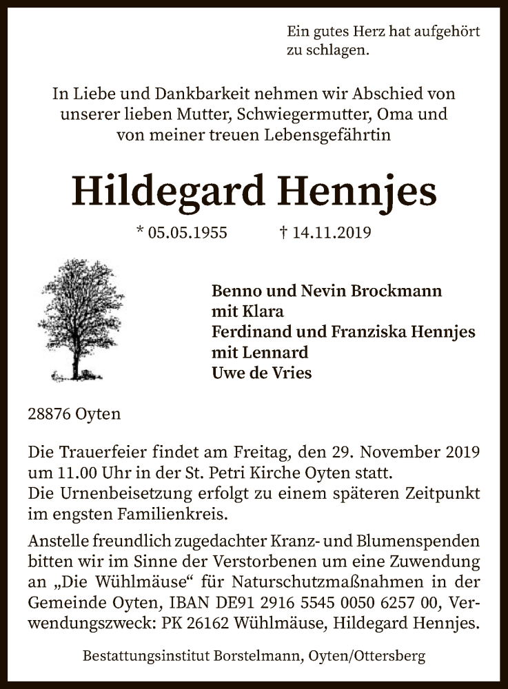  Traueranzeige für Hildegard Hennjes vom 23.11.2019 aus SYK