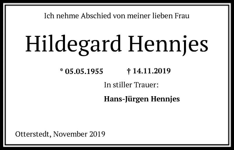  Traueranzeige für Hildegard Hennjes vom 21.11.2019 aus SYK