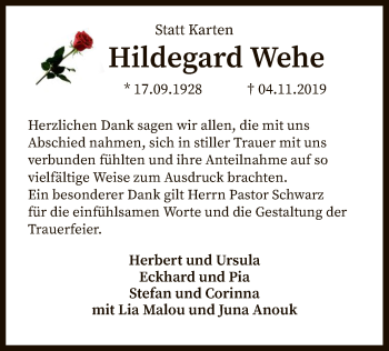 Traueranzeige von Hildegard Wehe von SYK