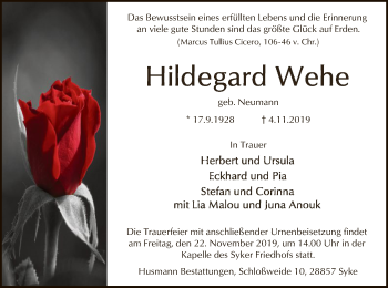 Traueranzeige von Hildegard Wehe von SYK