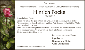 Traueranzeige von Hinrich Focke
