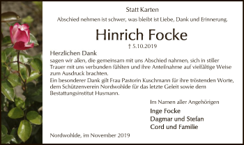 Traueranzeige von Hinrich Focke von SYK