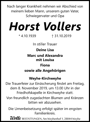 Traueranzeige von Horst Vollers von SYK