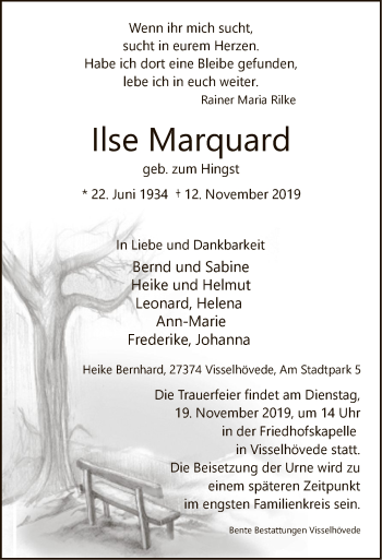 Traueranzeige von Ilse Marquard von SYK