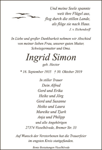 Traueranzeige von Ingrid Simon von SYK