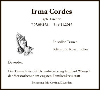 Traueranzeige von Irma Cordes von SYK