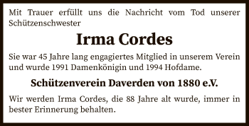 Traueranzeige von Irma Cordes von SYK