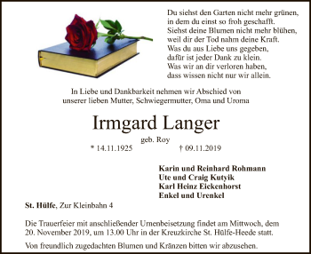 Traueranzeige von Irmgard Langer von SYK