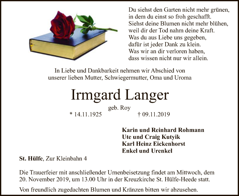  Traueranzeige für Irmgard Langer vom 12.11.2019 aus SYK