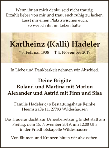 Traueranzeige von Karlheinz Hadeler von SYK