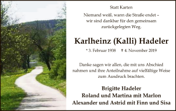 Traueranzeige von Karlheinz Hadeler von SYK