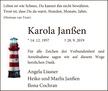 Traueranzeige von Karola Janßen von SYK