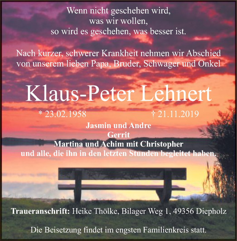  Traueranzeige für Klaus-Peter Lehnert vom 22.11.2019 aus SYK
