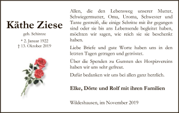 Traueranzeige von Käthe Ziese von SYK