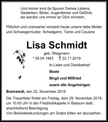 Traueranzeige von Lisa Schmidt von SYK