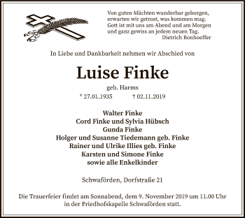 Traueranzeige von Luise Finke von SYK