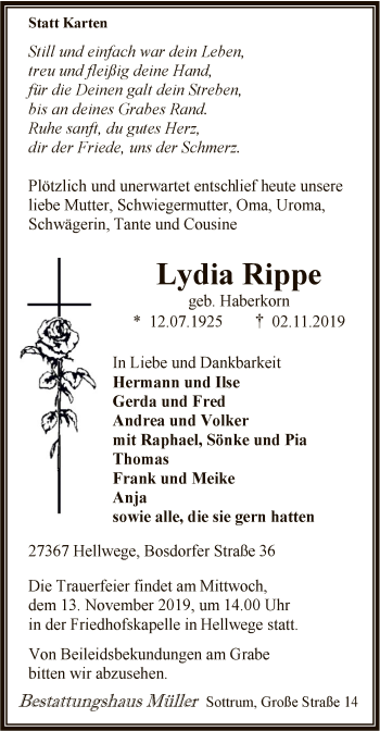 Traueranzeige von Lydia Rippe von SYK