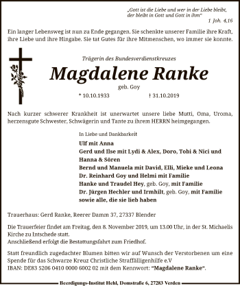 Traueranzeige von Magdalene Ranke von SYK