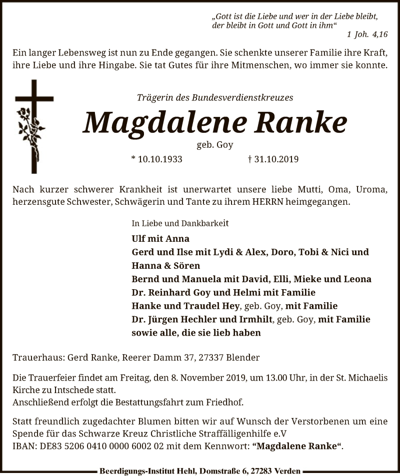  Traueranzeige für Magdalene Ranke vom 06.11.2019 aus SYK