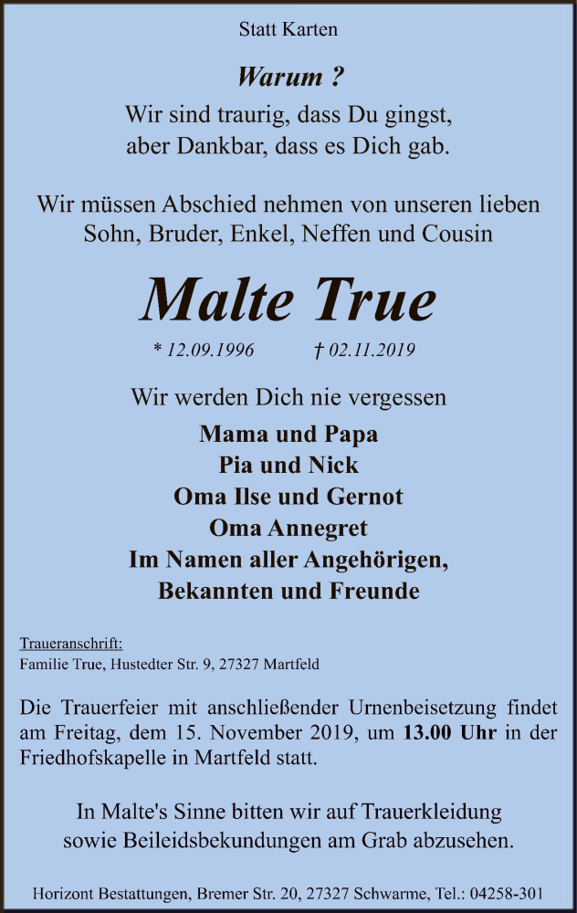  Traueranzeige für Malte True vom 09.11.2019 aus SYK