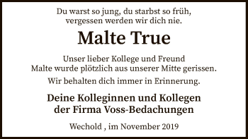 Traueranzeige von Malte True von SYK