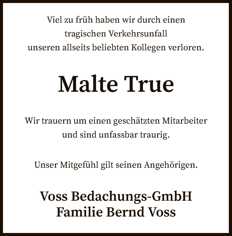  Traueranzeige für Malte True vom 11.11.2019 aus SYK