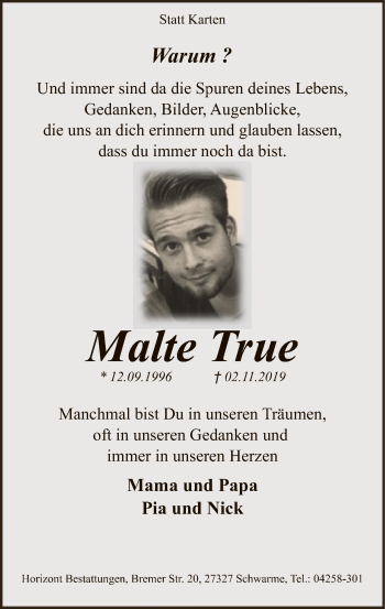 Traueranzeige von Malte True von SYK