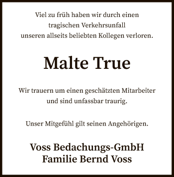 Traueranzeige von Malte True von SYK