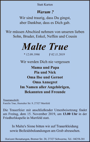 Traueranzeige von Malte True von SYK