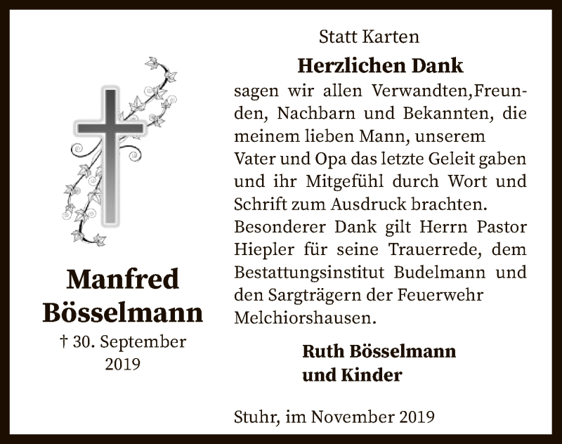  Traueranzeige für Manfred Bösselmann vom 09.11.2019 aus SYK