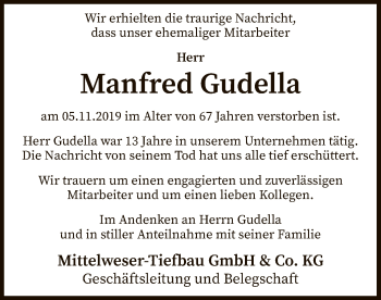 Traueranzeige von Manfred Gudella von SYK