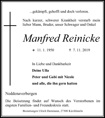 Traueranzeige von Manfred Reinicke von SYK